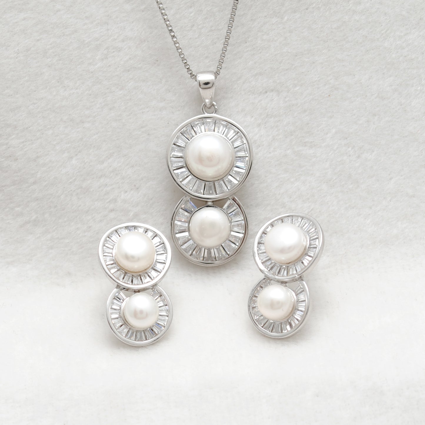 CZ & Pearl Necklace Earrings Set – 925 Sterling Silver, 20 Inch