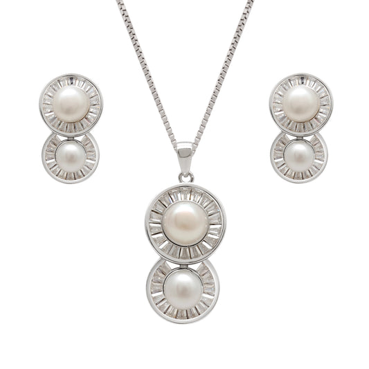 CZ & Pearl Necklace Earrings Set – 925 Sterling Silver, 20 Inch