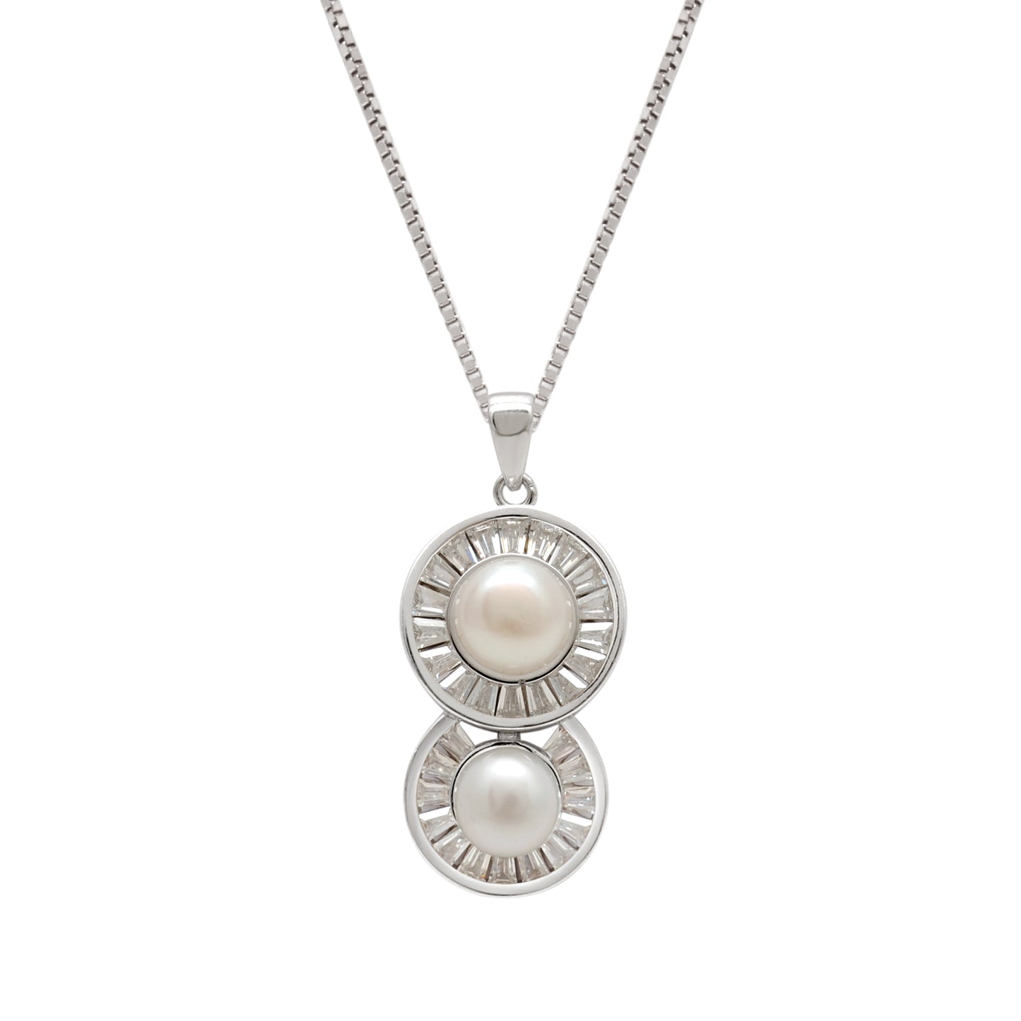 CZ & Pearl Necklace Earrings Set – 925 Sterling Silver, 20 Inch