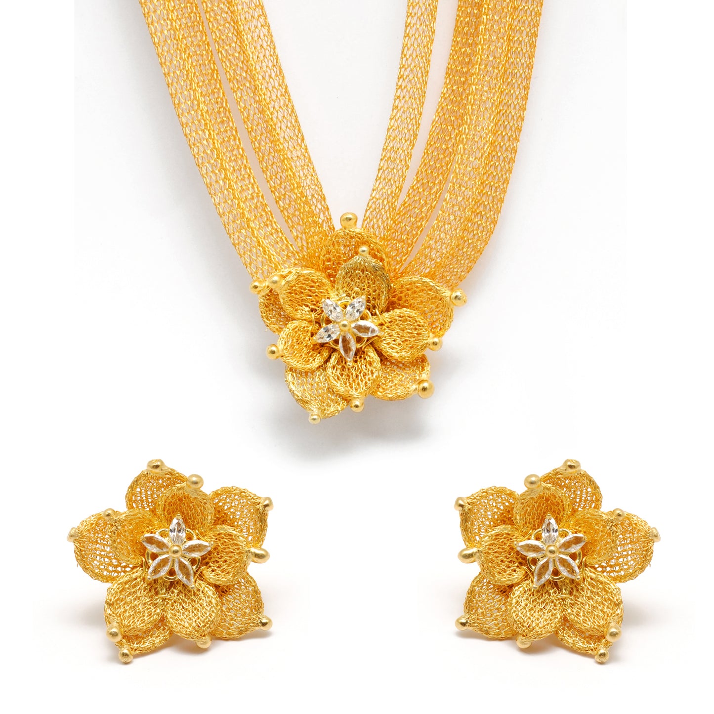 Layered Floral CZ Necklace Earrings Set – 925 Sterling Silver & Gold Plated, Adjustable 17+1 Inch