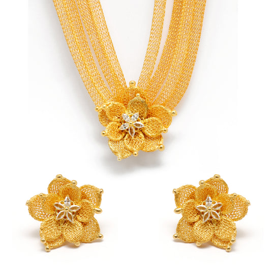 Layered Floral CZ Necklace Earrings Set – 925 Sterling Silver & Gold Plated, Adjustable 17+1 Inch