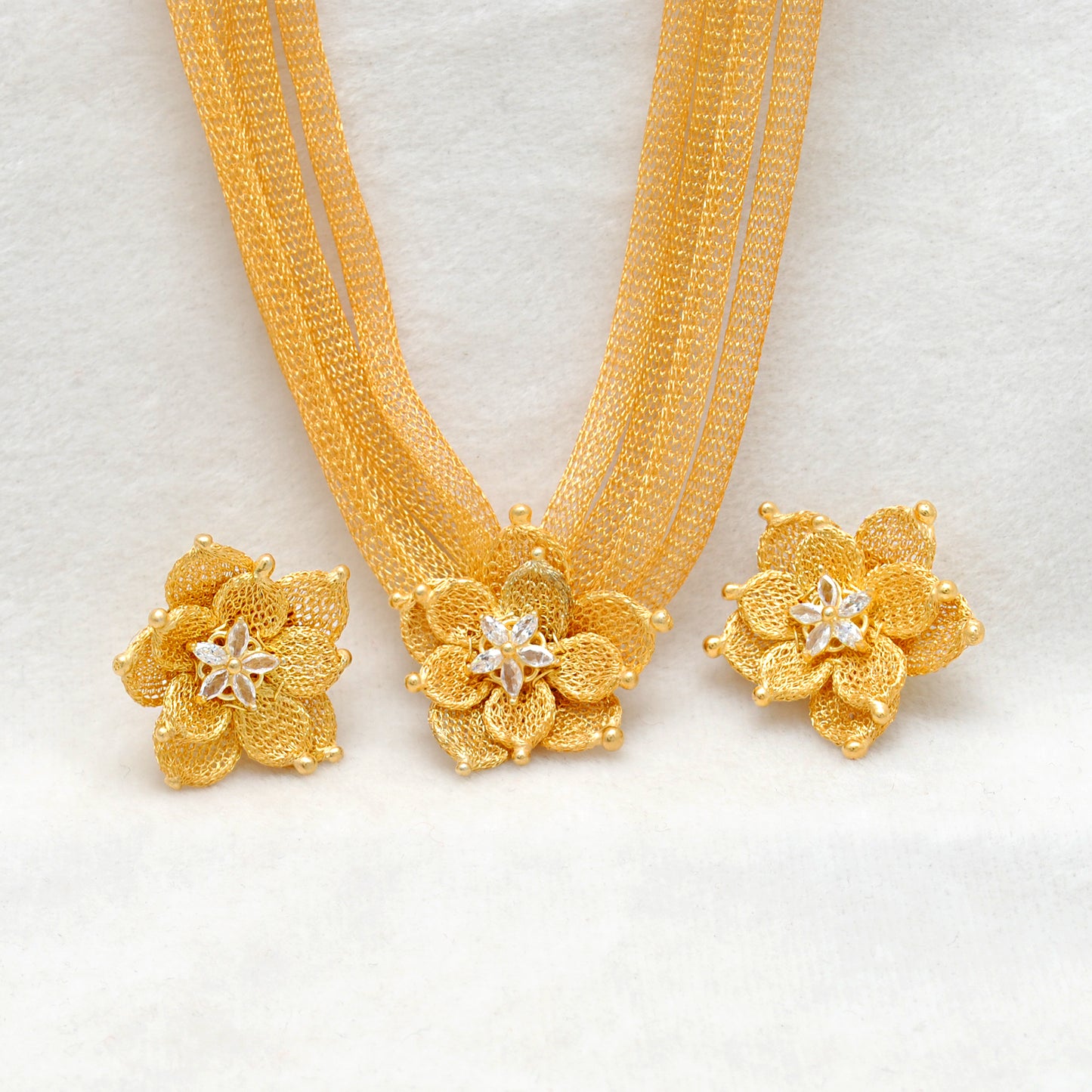 Layered Floral CZ Necklace Earrings Set – 925 Sterling Silver & Gold Plated, Adjustable 17+1 Inch