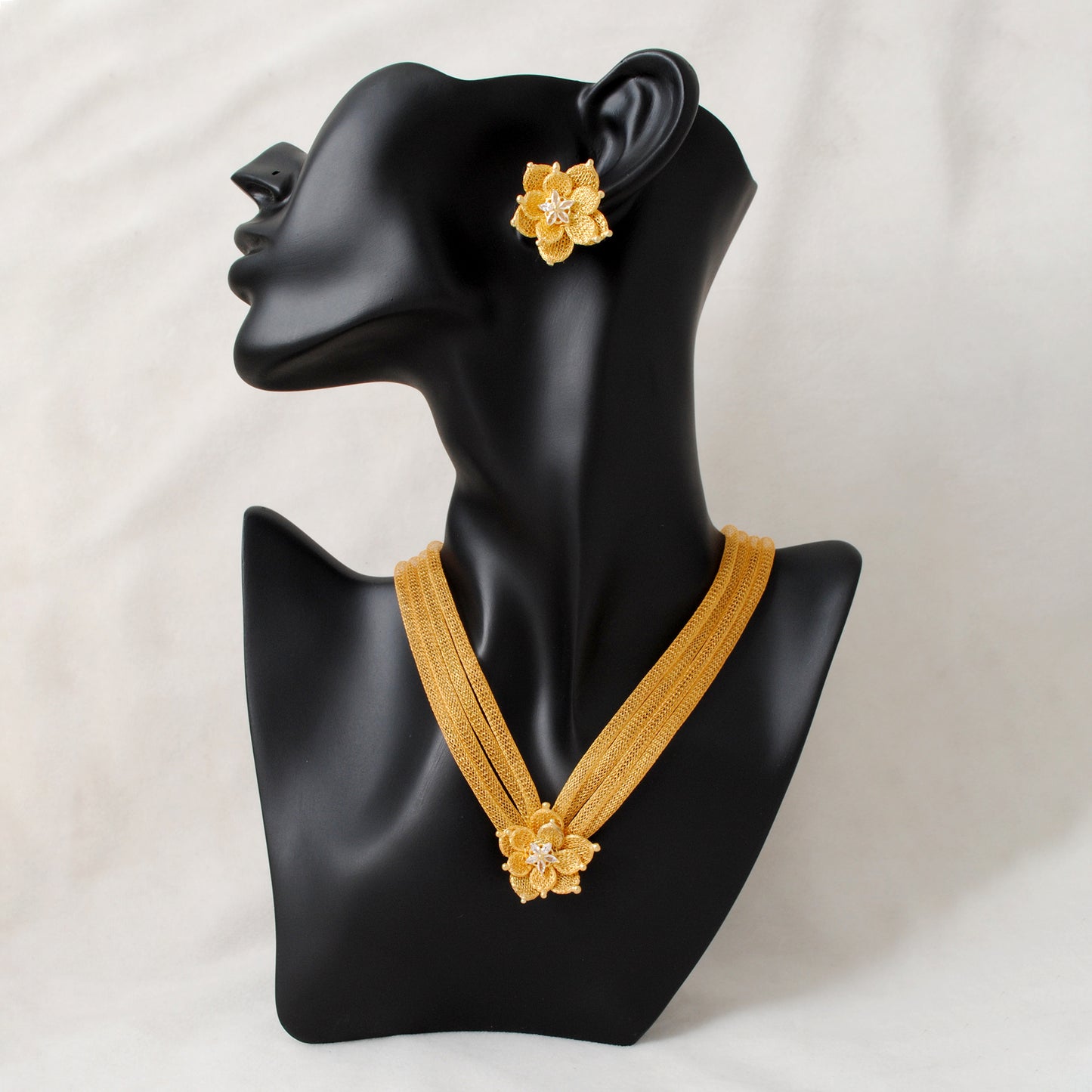 Layered Floral CZ Necklace Earrings Set – 925 Sterling Silver & Gold Plated, Adjustable 17+1 Inch