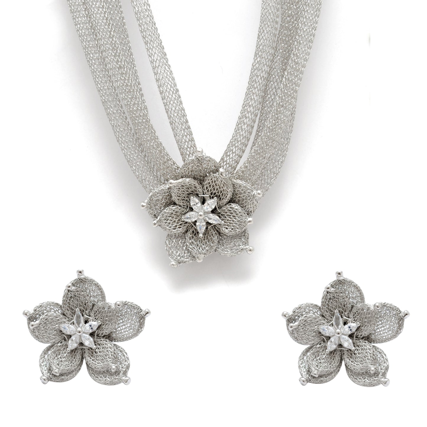 Layered Floral CZ Necklace Earrings Set – 925 Sterling Silver & Gold Plated, Adjustable 17+1 Inch