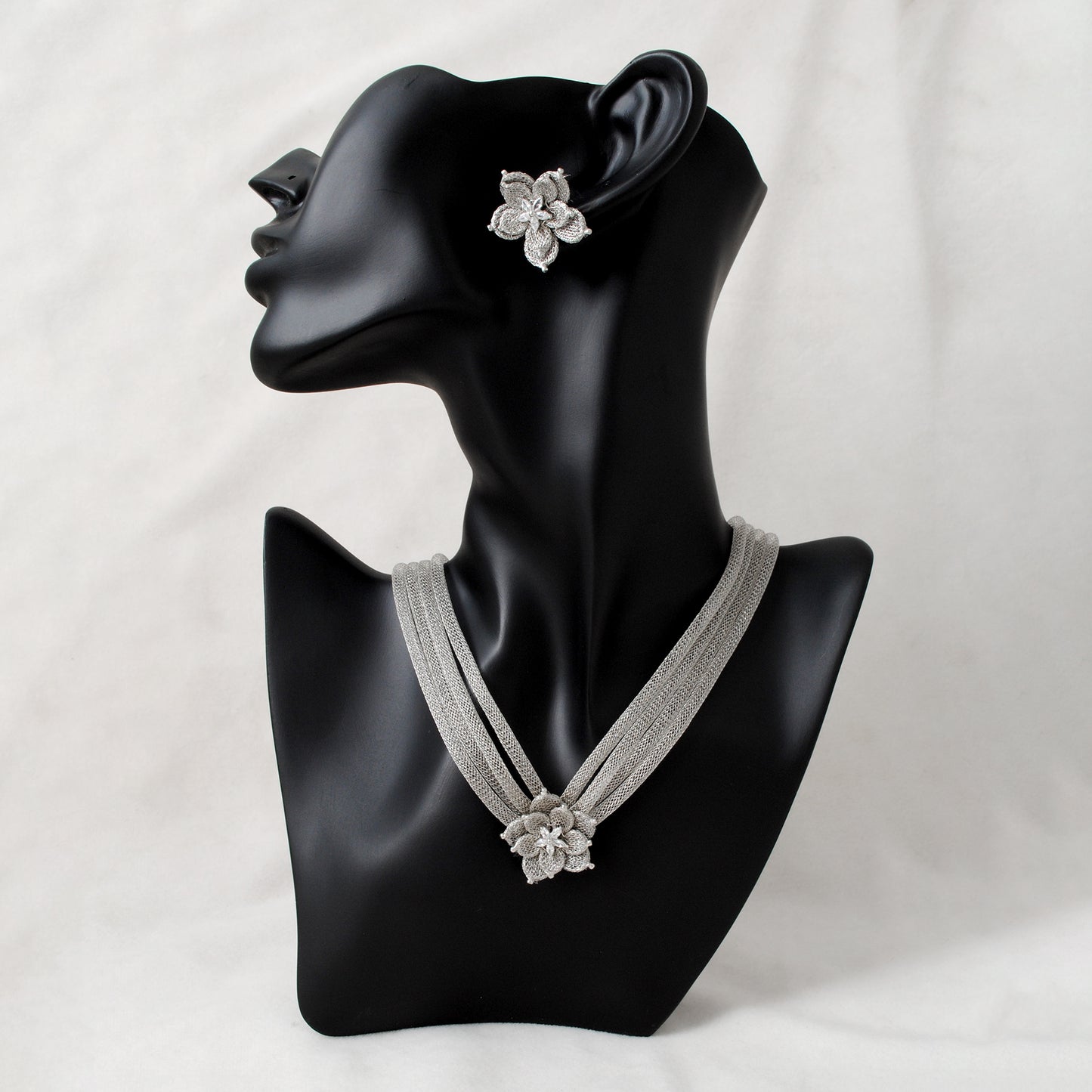 Layered Floral CZ Necklace Earrings Set – 925 Sterling Silver & Gold Plated, Adjustable 17+1 Inch