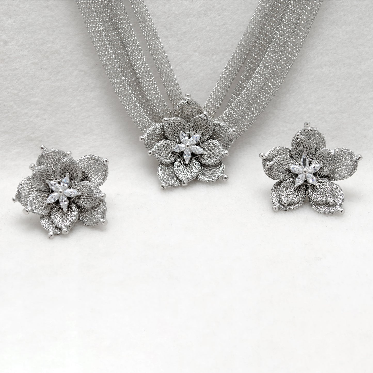 Layered Floral CZ Necklace Earrings Set – 925 Sterling Silver & Gold Plated, Adjustable 17+1 Inch