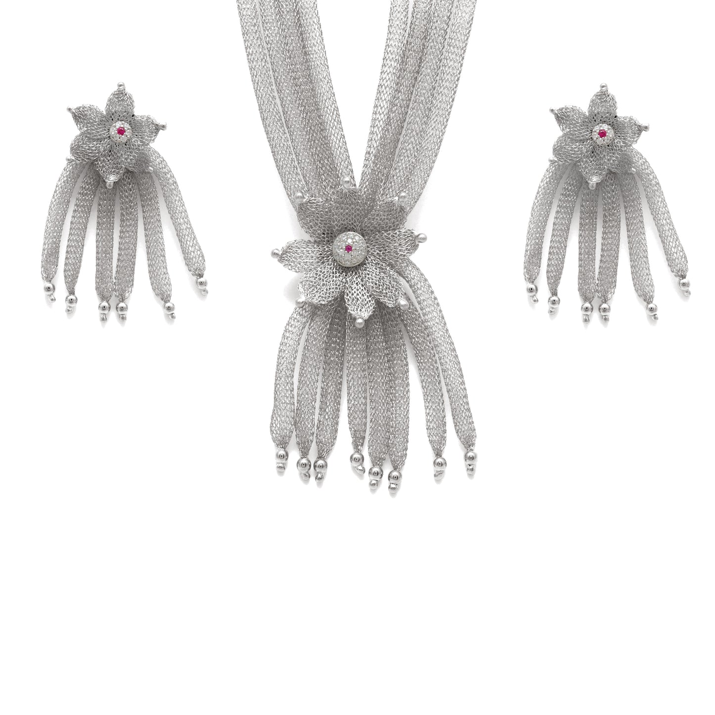 Filigree Layered Mesh CZ Necklace Set – 925 Silver & Gold Plated, 20+1 Inch