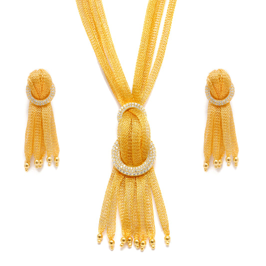 Layered Mesh CZ Necklace with Tassel Earrings – Gold Plated, 22+1 Inch