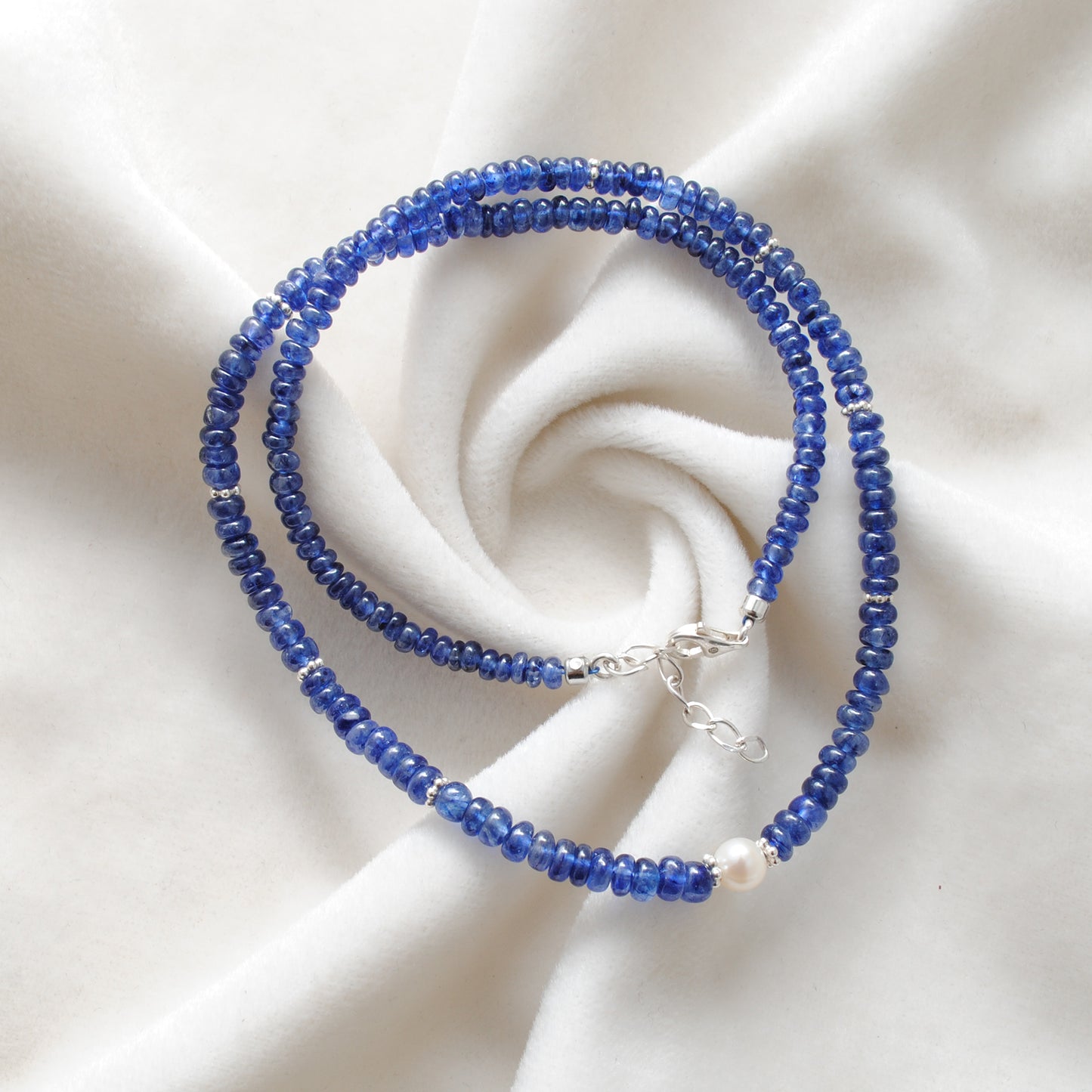 Genuine Blue Sapphire 5mm Beads With Pearl Necklace