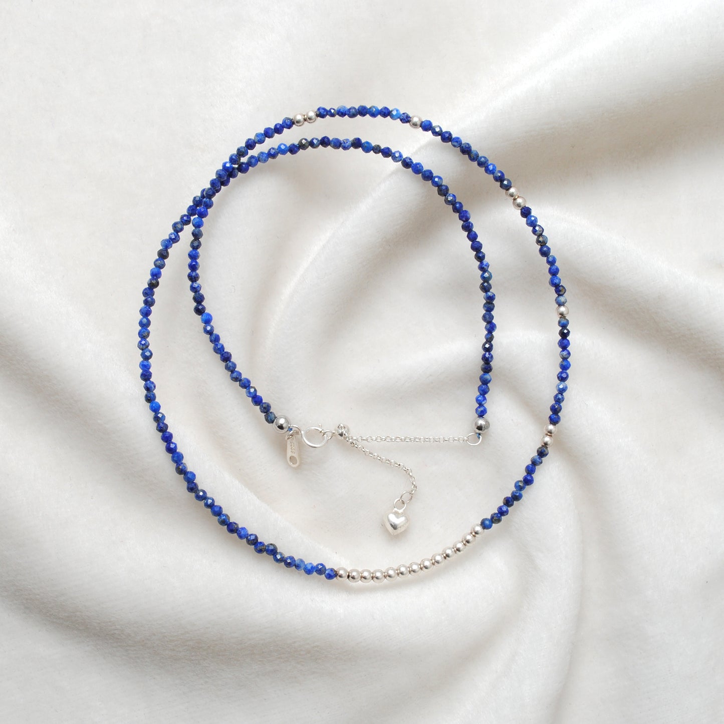 925 Sterling Silver Natural Lapis Lazuli Rondelle Beaded Necklace with Ball Beads