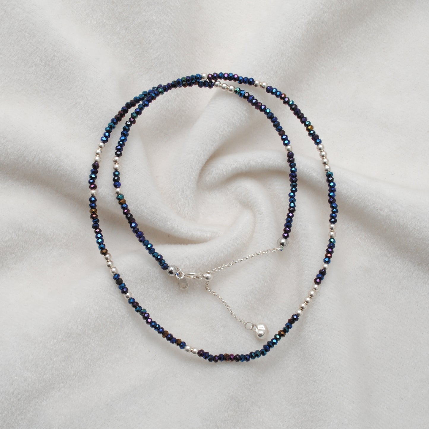 Black Spinel Blue Mystic Coated Beads Silver Necklace