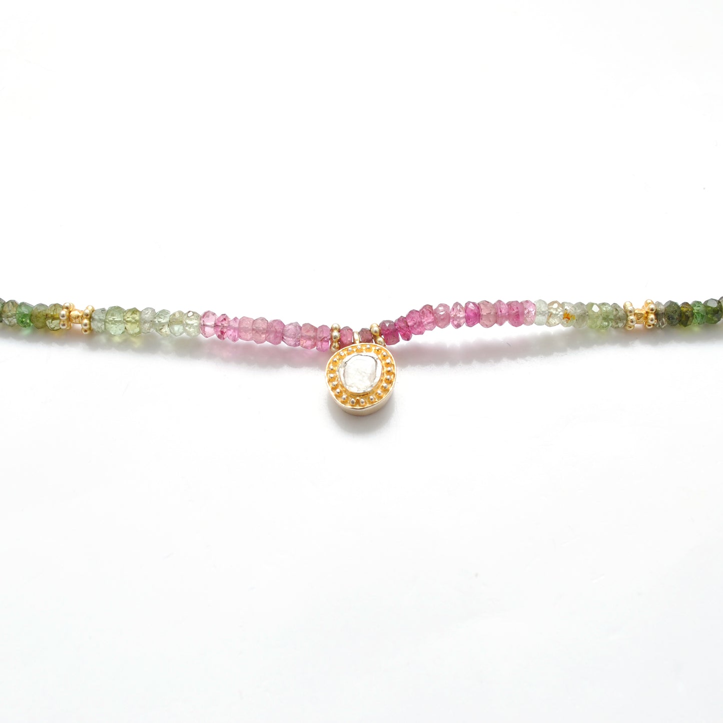 925 Sterling Silver Tourmaline Rondelle Beaded Necklace with Rose Cut Diamond Pendant, Handmade Gift