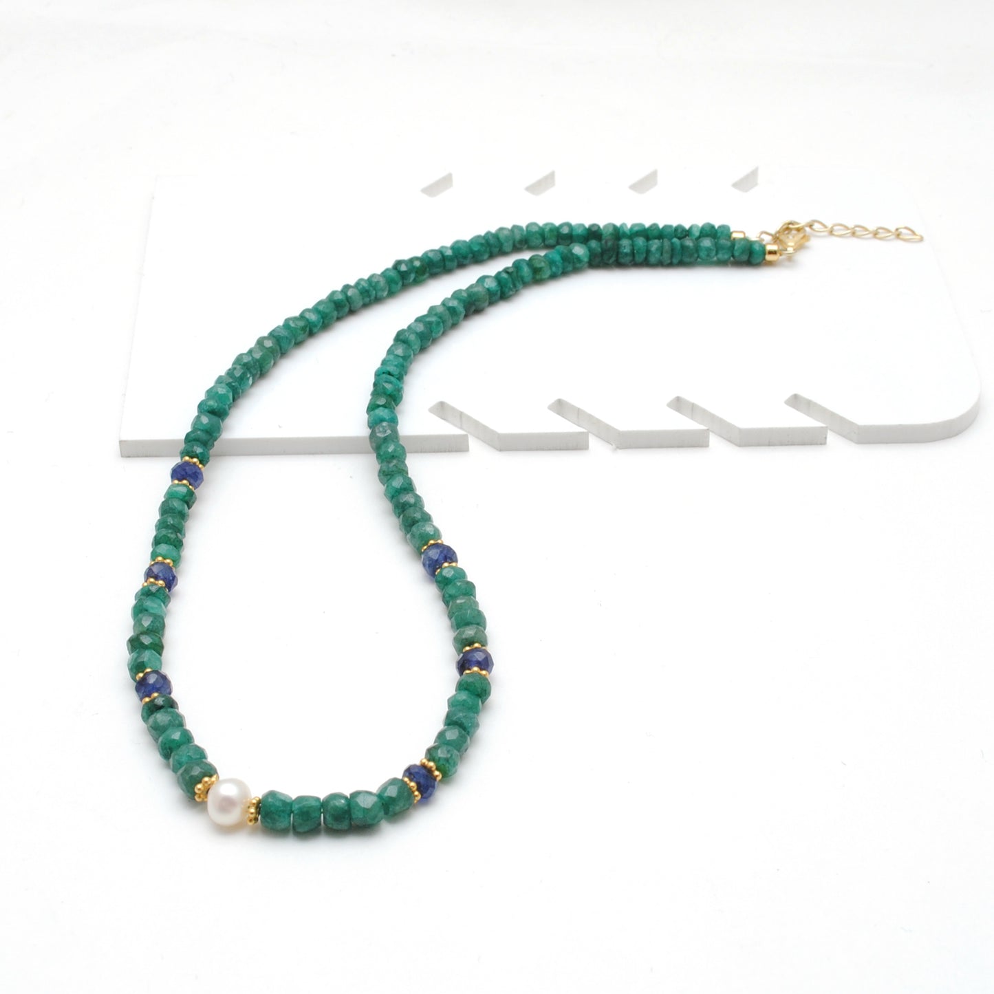 Pearl & Emerald Rondelle Beaded Necklace 18"