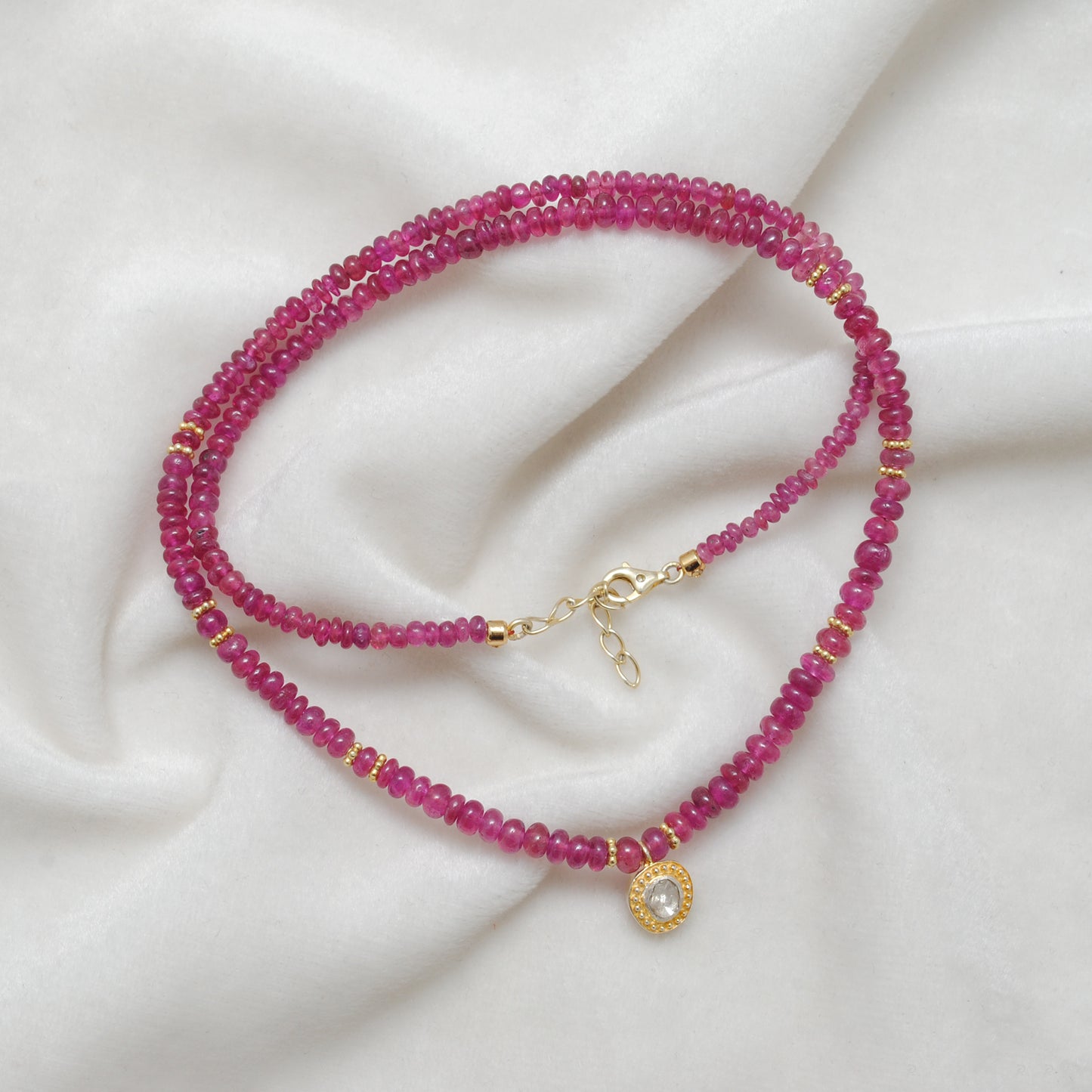 Natural Ruby Rose Cut Diamond Silver Necklace
