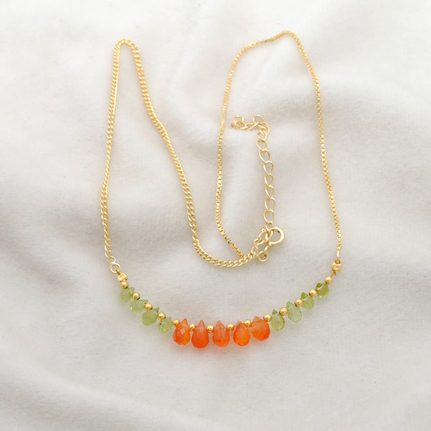 925 sterling silver carnelian and peridot faceted drop necklace 16 inch with 2 inch extension by kanika creations