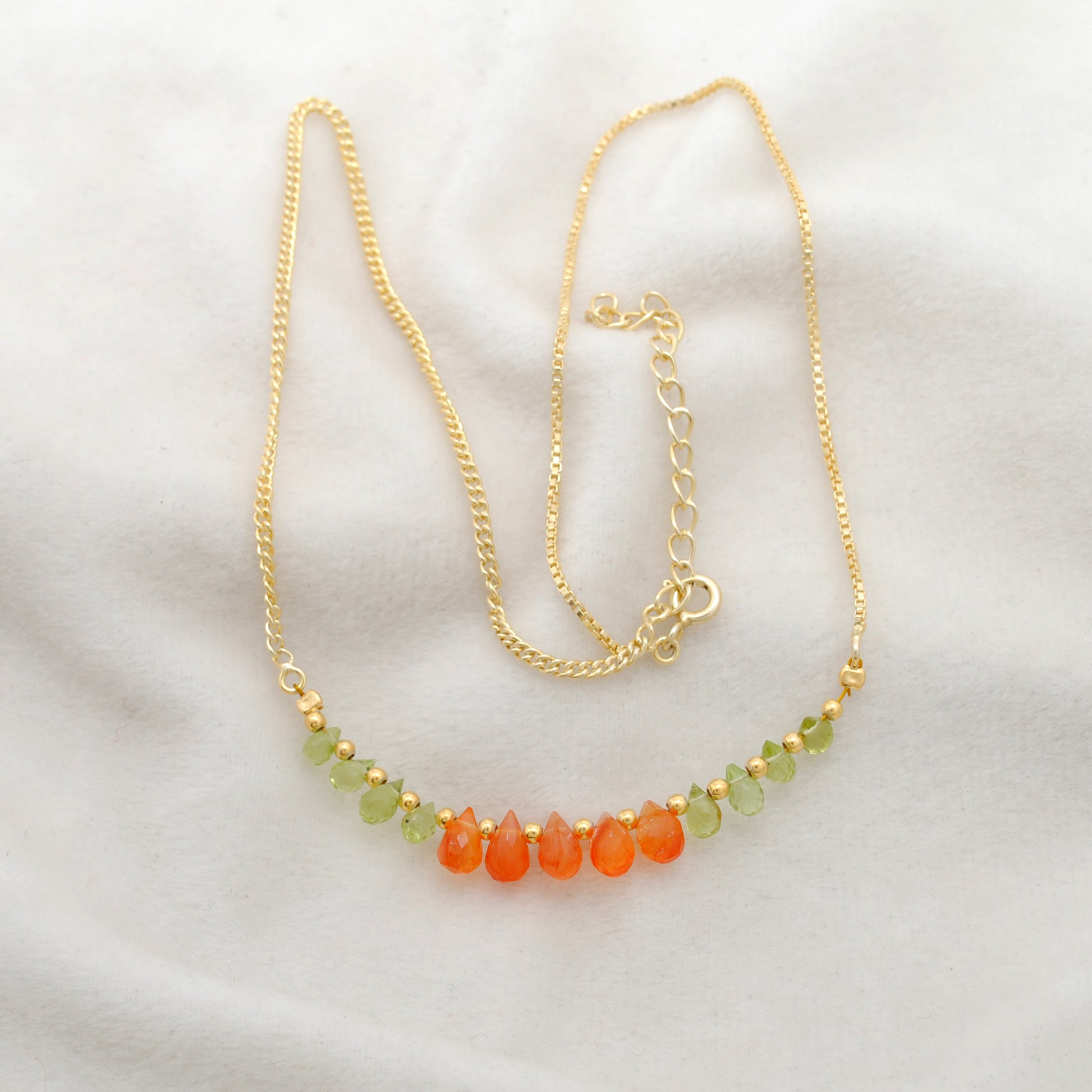 925 Sterling Silver Natural Carnelian & Peridot Faceted Drop Necklace - 18" - Kanika Creations