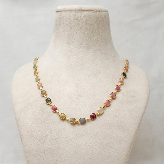 925 Sterling Silver Natural Multi-Sapphire Cushion Necklace 26" - Kanika Creations