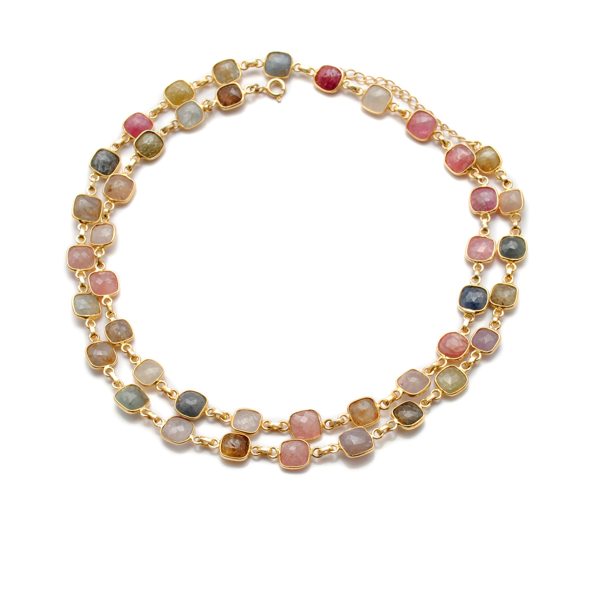 925 Sterling Silver Natural Multi-Sapphire Cushion Necklace 26" - Kanika Creations
