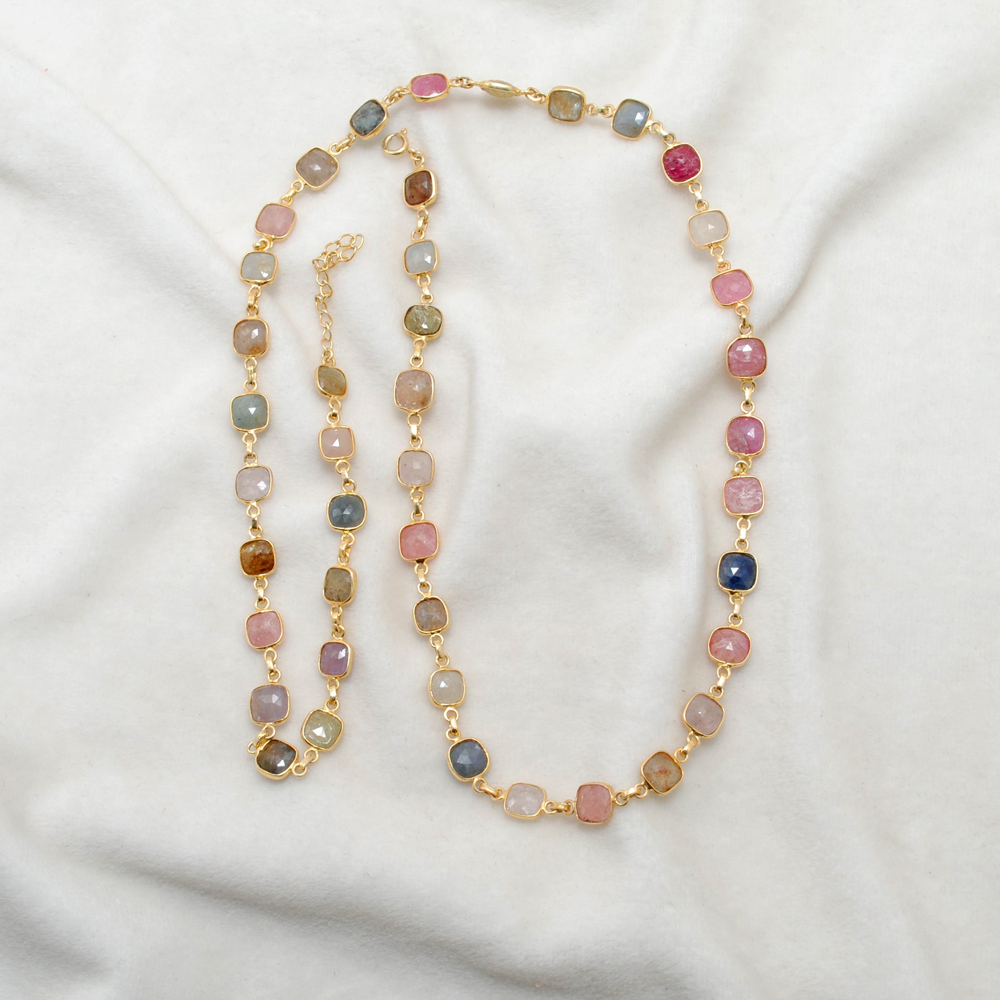 925 Sterling Silver Natural Multi-Sapphire Cushion Necklace 26" - Kanika Creations