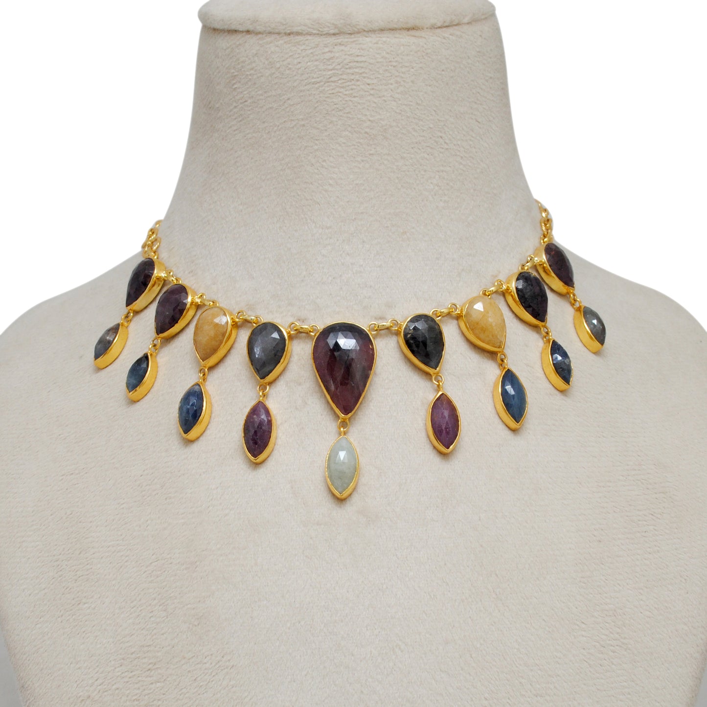 925 sterling silver necklace with multi-sapphire pear and marquise stones 20in by kanika creations