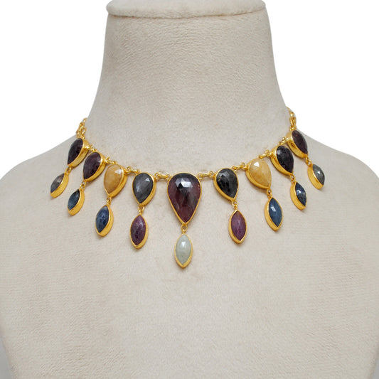 925 Sterling Silver Natural Multi-Sapphire Pear and Marquise Necklace 20" - Kanika Creations
