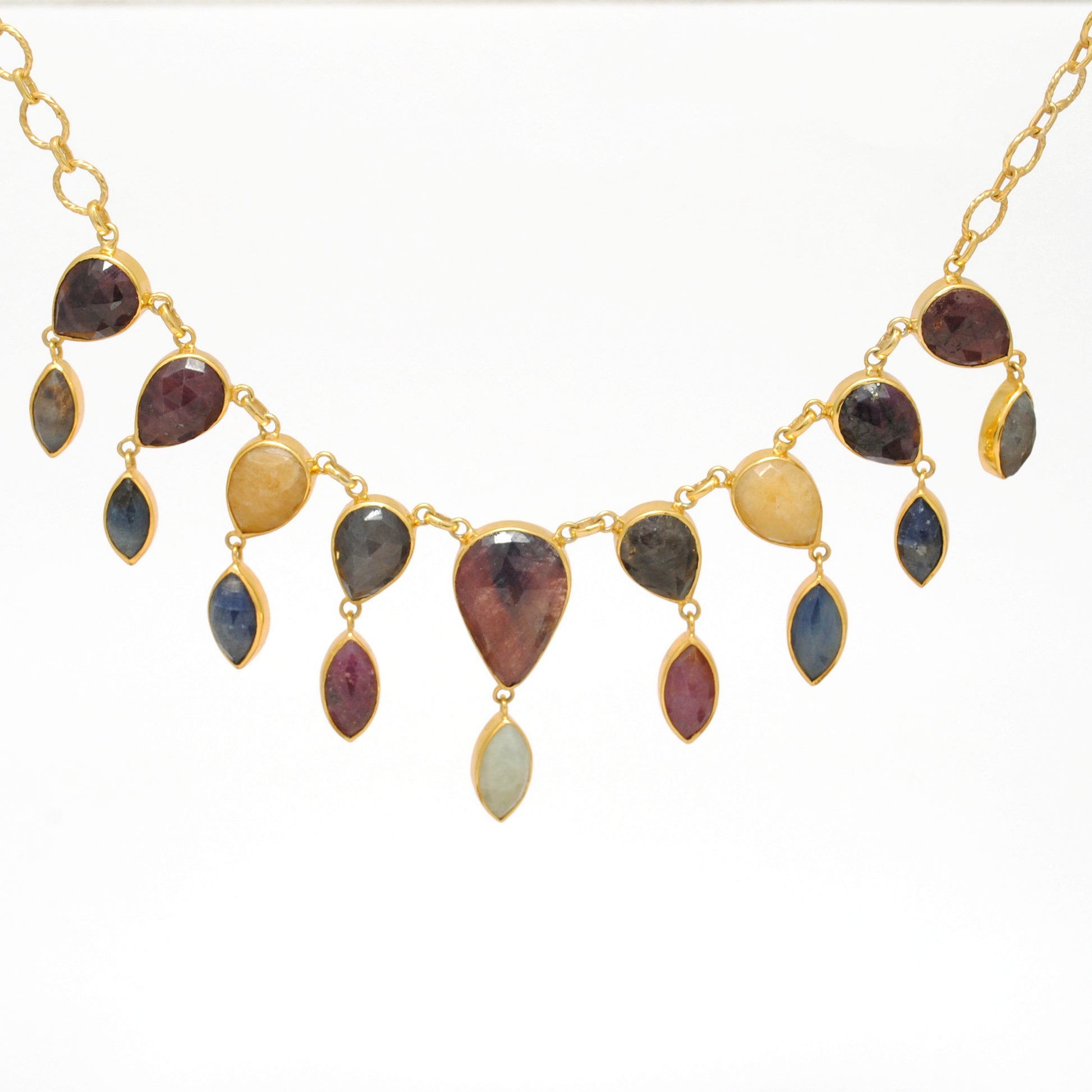 925 Sterling Silver Natural Multi-Sapphire Pear and Marquise Necklace 20" - Kanika Creations
