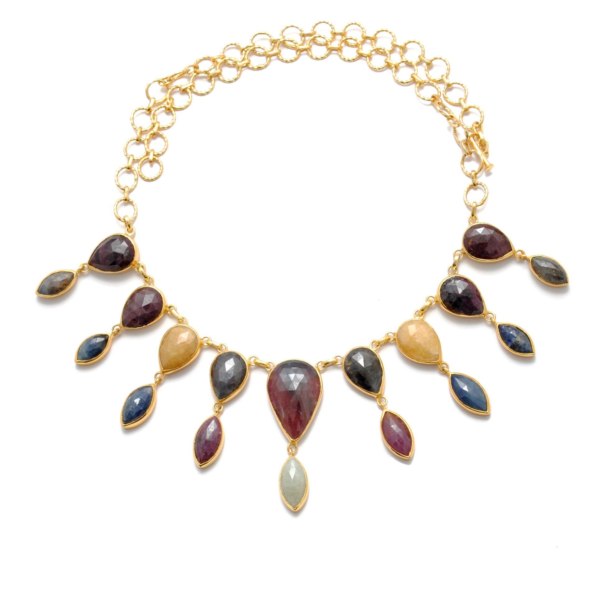 925 Sterling Silver Natural Multi-Sapphire Pear and Marquise Necklace 20" - Kanika Creations