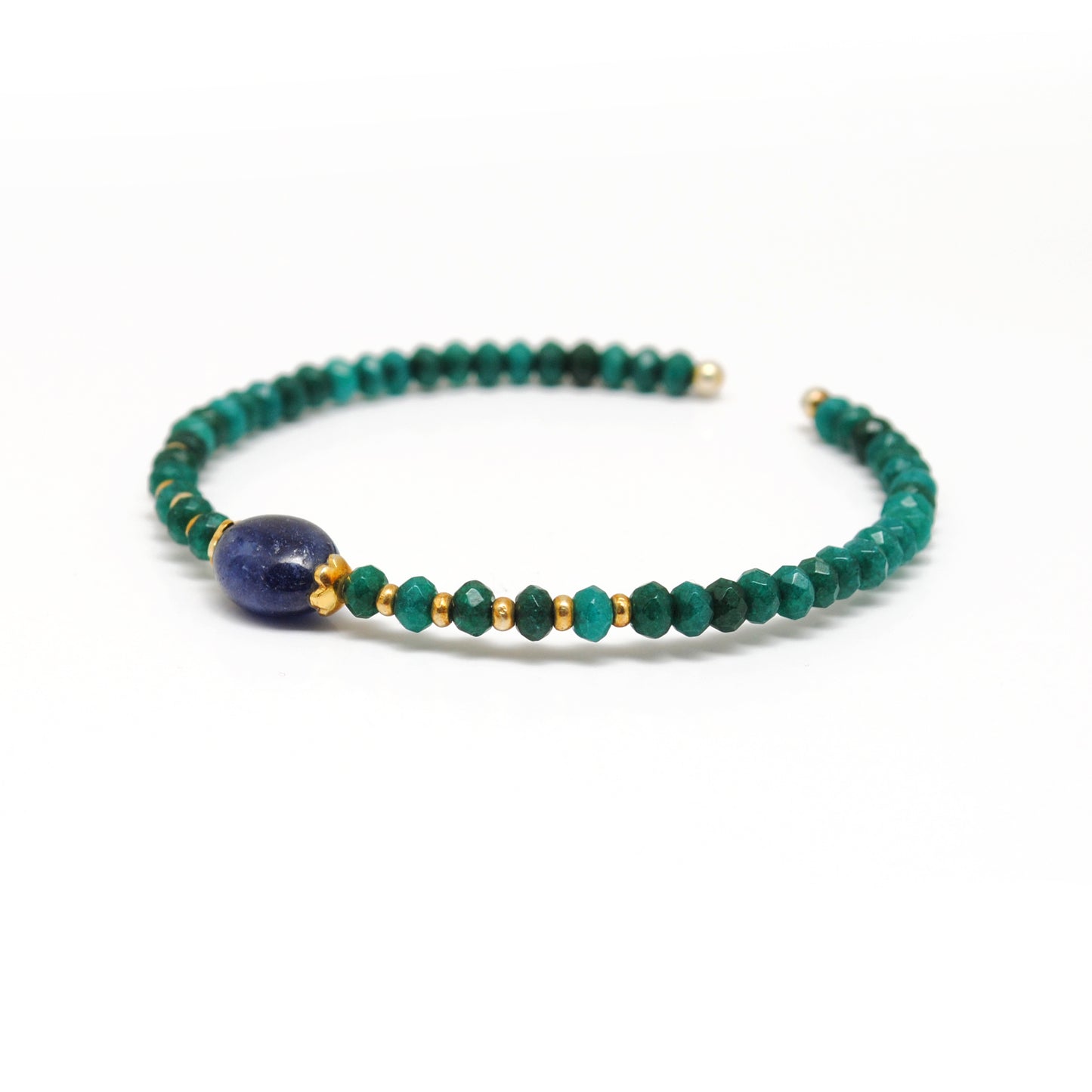 925 sterling silver green jade and blue sapphire beaded bracelet on memory wire by kanika creations"