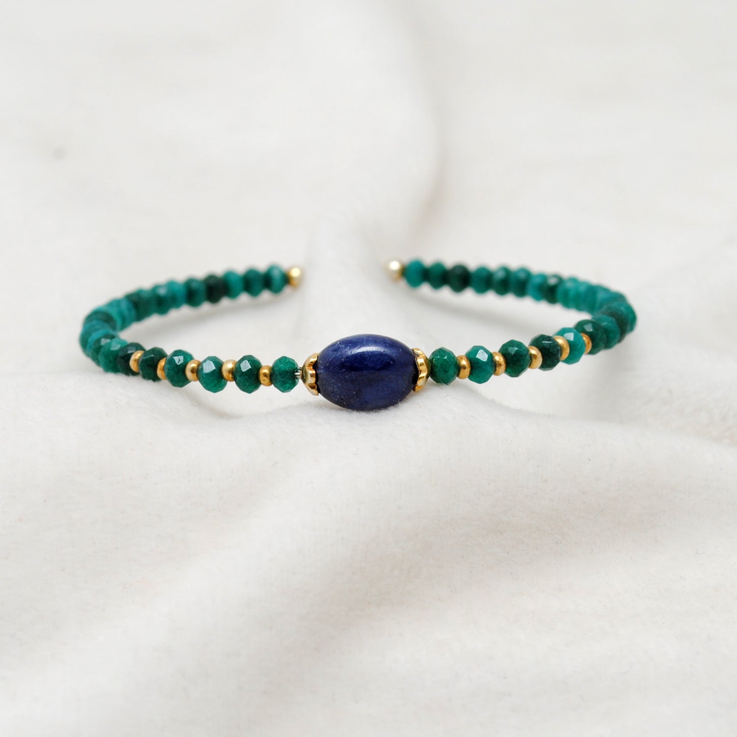925 sterling silver green jade and blue sapphire beaded bracelet on memory wire by kanika creations"