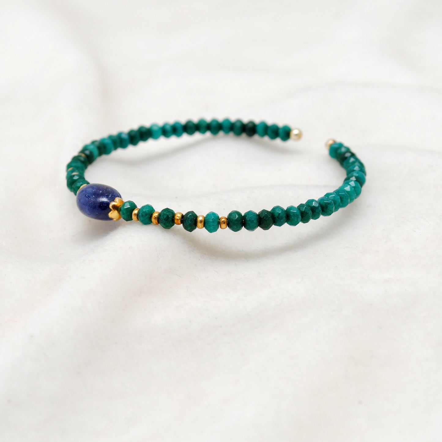 925 sterling silver green jade and blue sapphire beaded bracelet on memory wire by kanika creations"