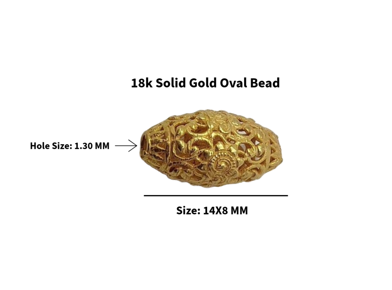 18k Solid Gold Oval Bead with measurements on a white background