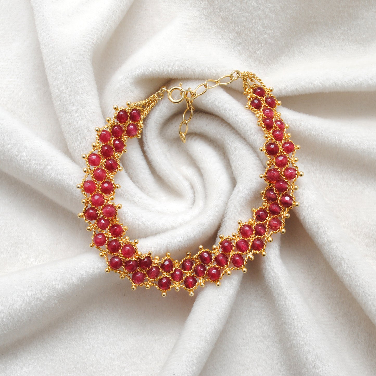 Handmade Ruby Gold Bracelet Victorian Style - Flat Lay View
