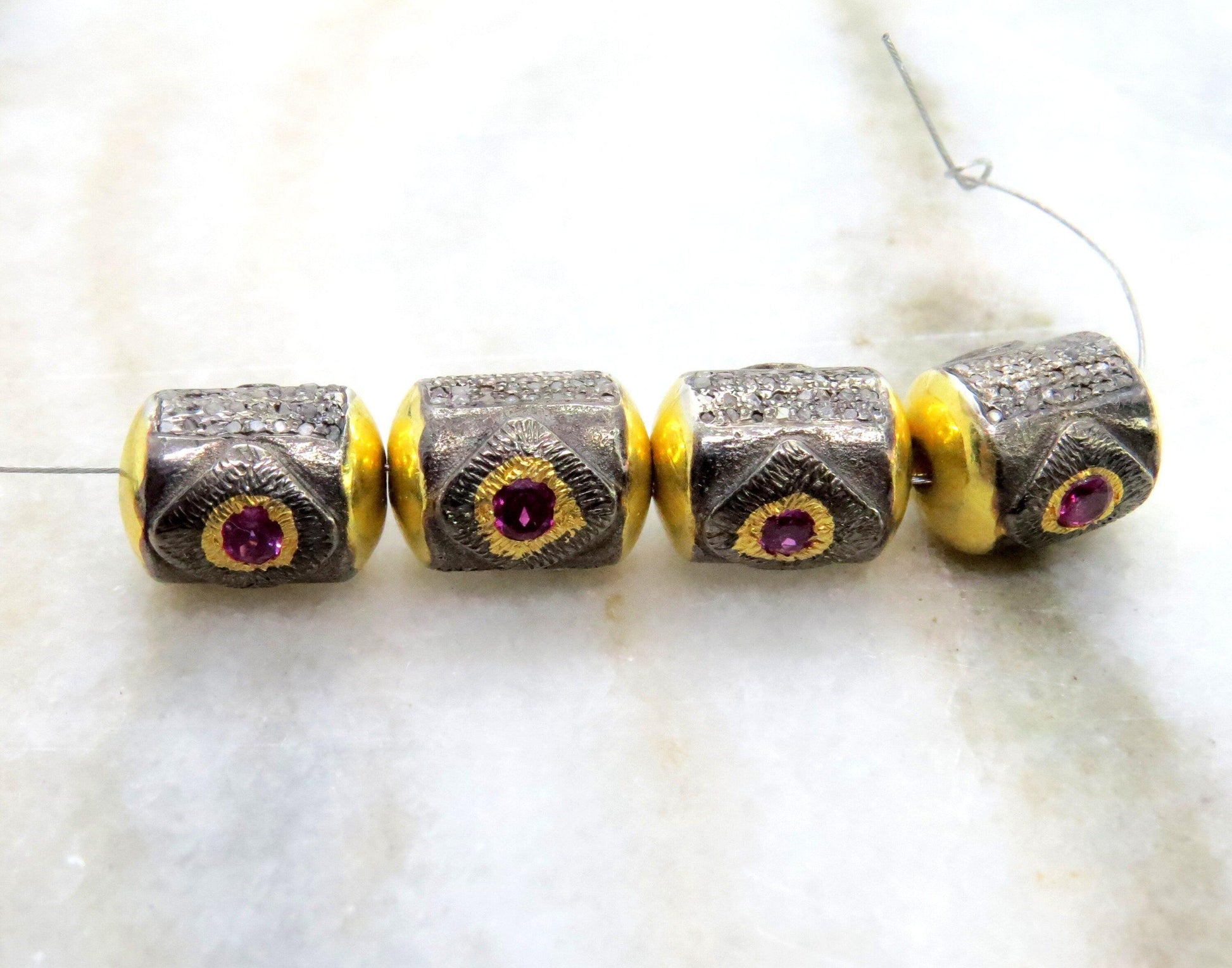 925 Sterling Silver Pave Diamond & Multi-Gemstone Tube Beads - Kanika Creations