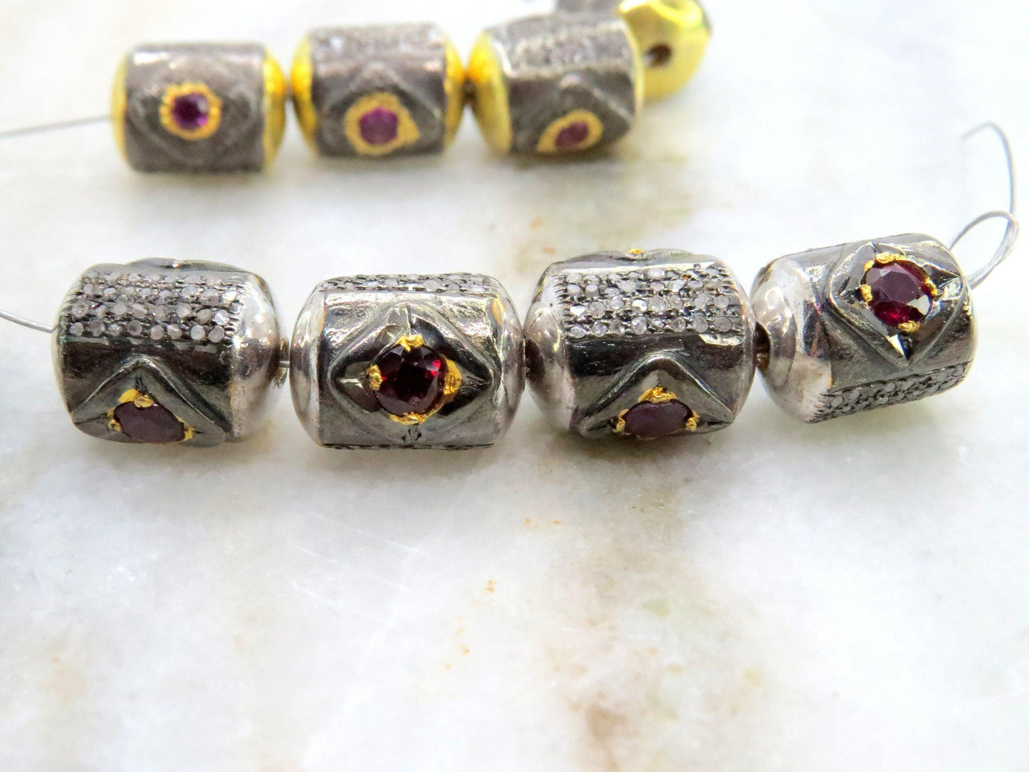 925 Sterling Silver Pave Diamond & Multi-Gemstone Antique Tube Beads - Kanika Creations