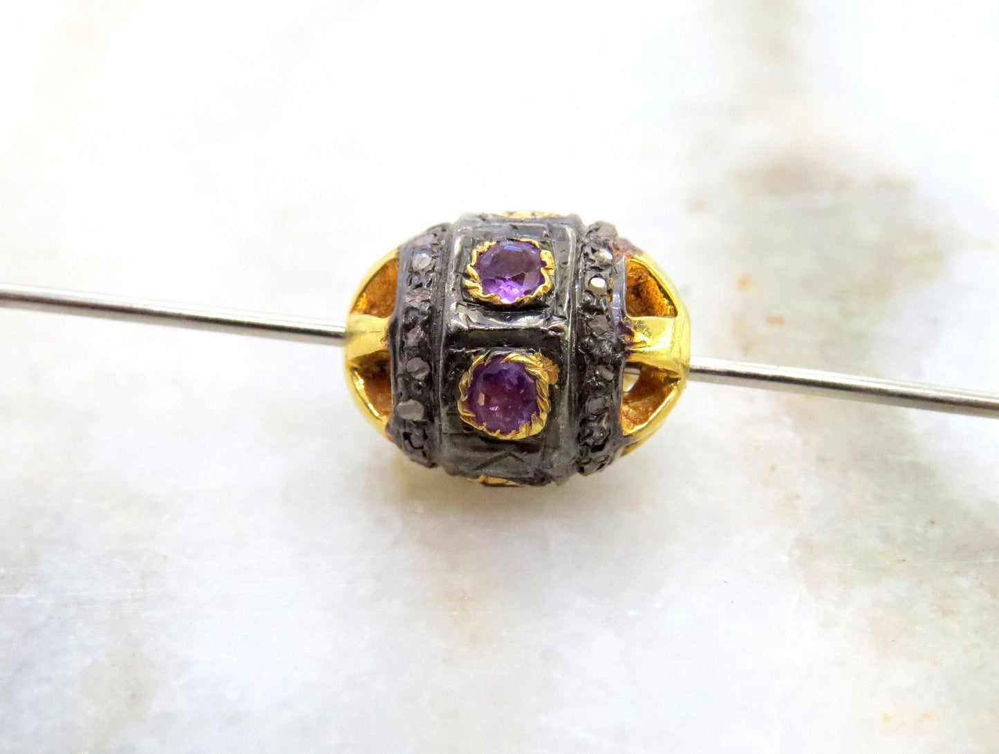 925 Sterling Silver Pave Diamond & Amethyst Spacer Ball Beads - Kanika Creations