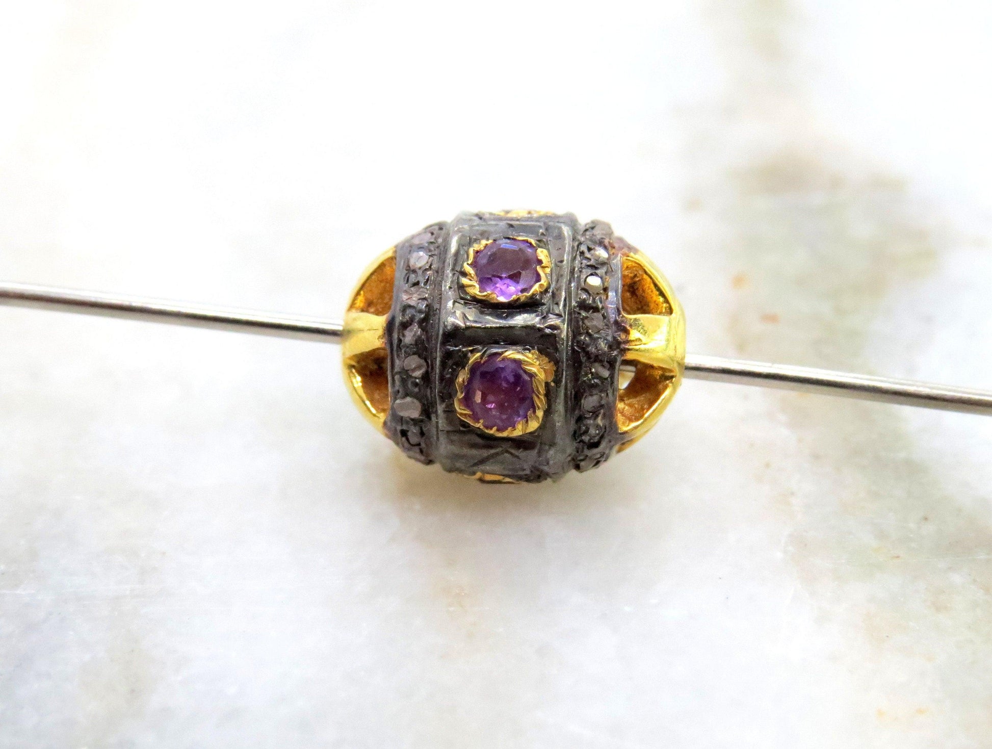 925 Sterling Silver Pave Diamond & Amethyst Spacer Ball Beads - Kanika Creations
