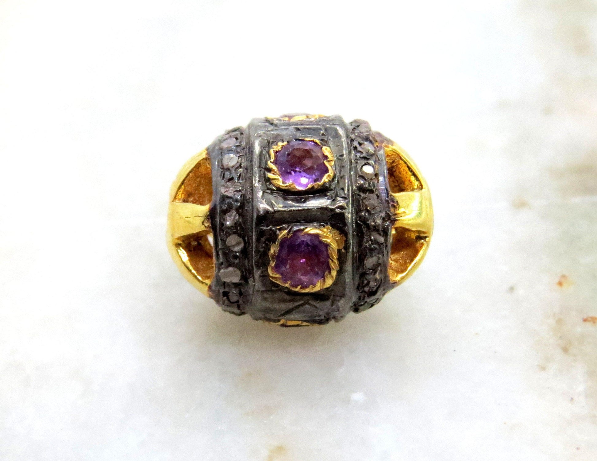 925 Sterling Silver Pave Diamond & Amethyst Spacer Ball Beads - Kanika Creations