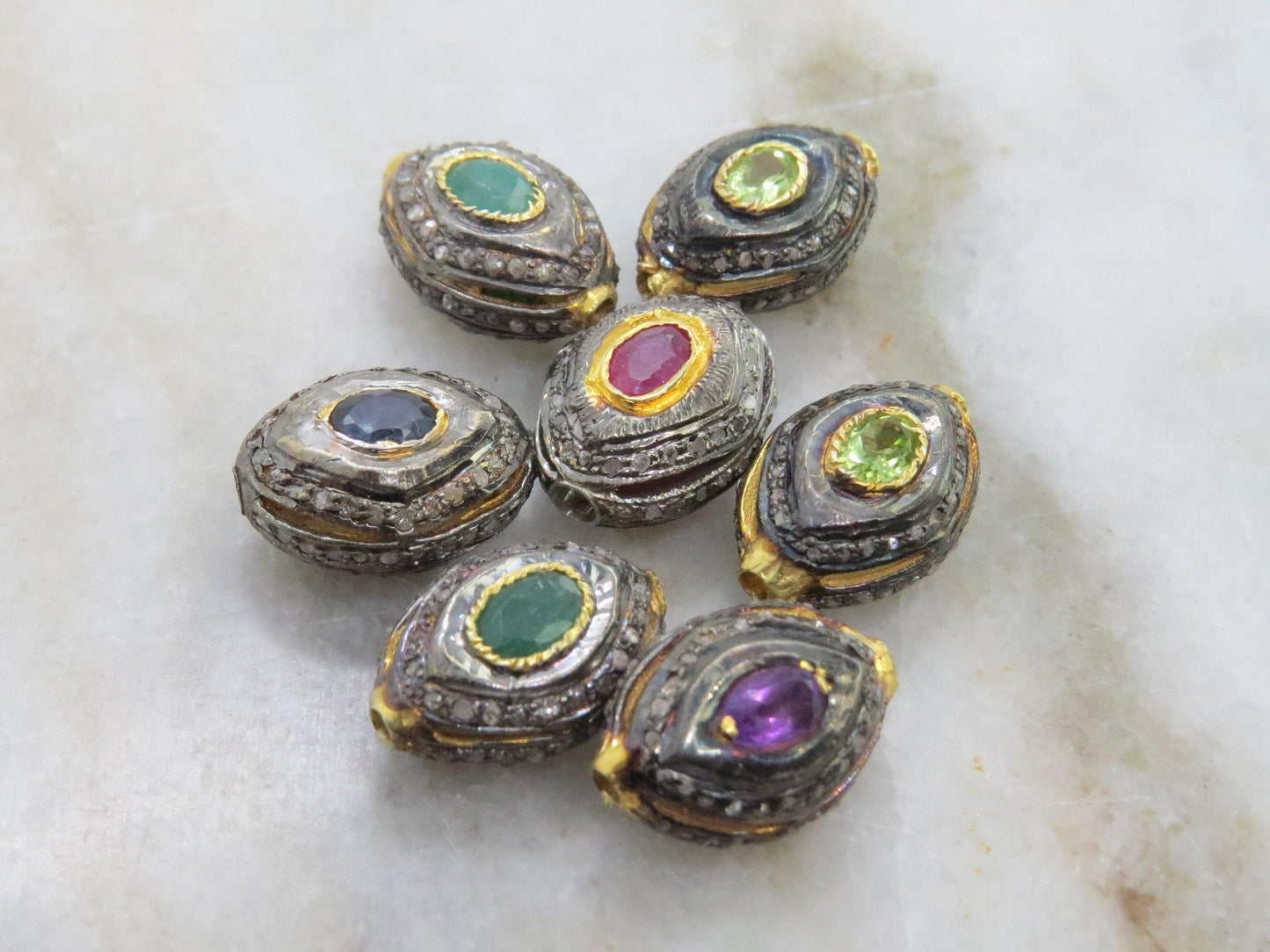 925 Sterling Silver Pave Diamond & Multi-Gemstone Spacer Beads - Kanika Creations