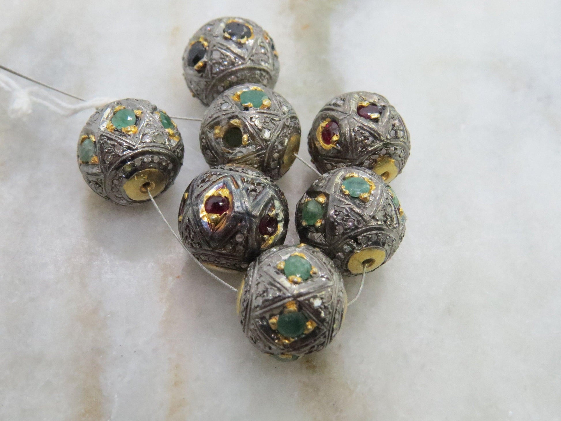 925 Sterling Silver Pave Diamond & Multi-Gemstone Spacer Beads - Kanika Creations
