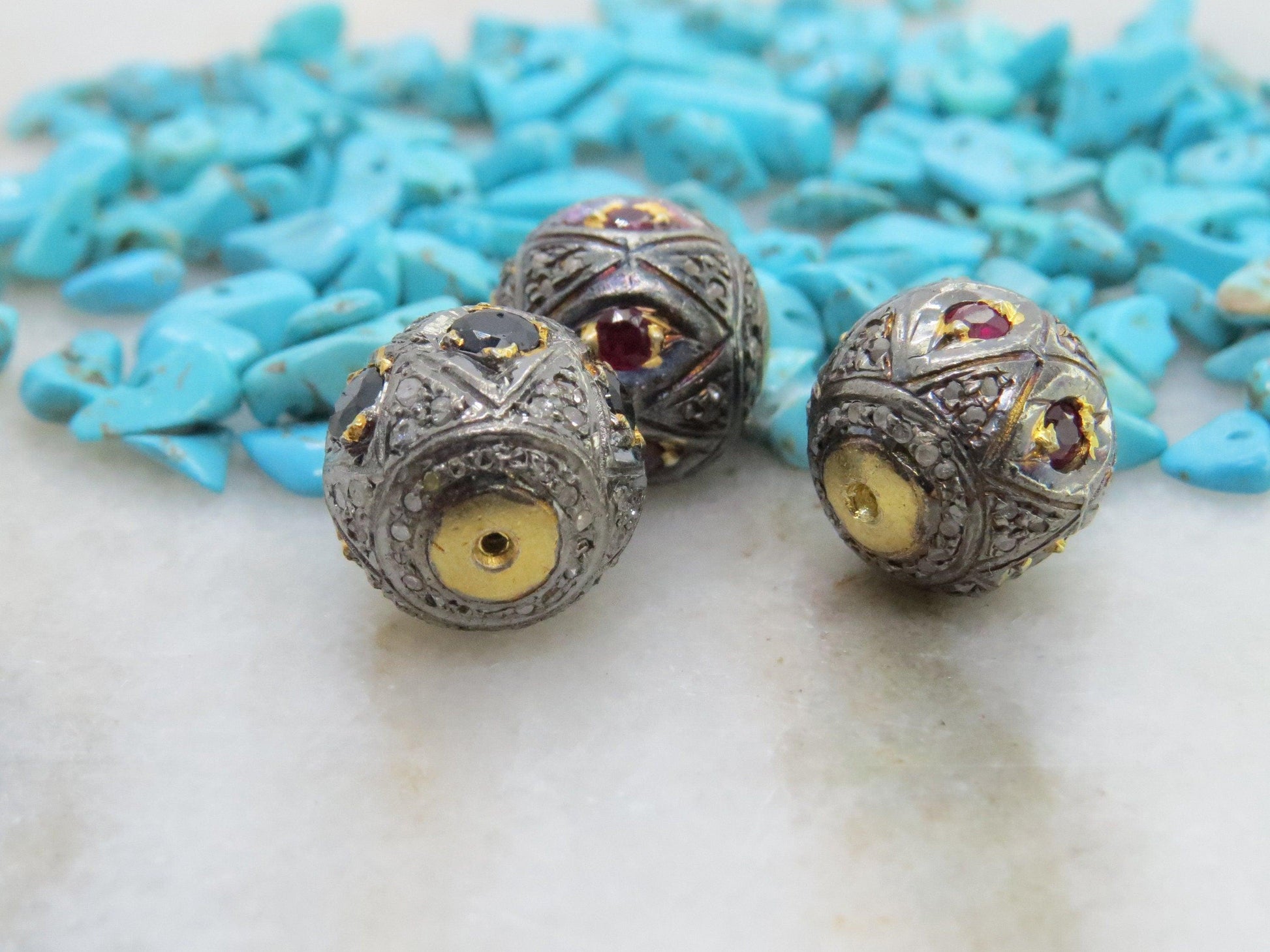 925 Sterling Silver Pave Diamond & Multi-Gemstone Spacer Beads - Kanika Creations