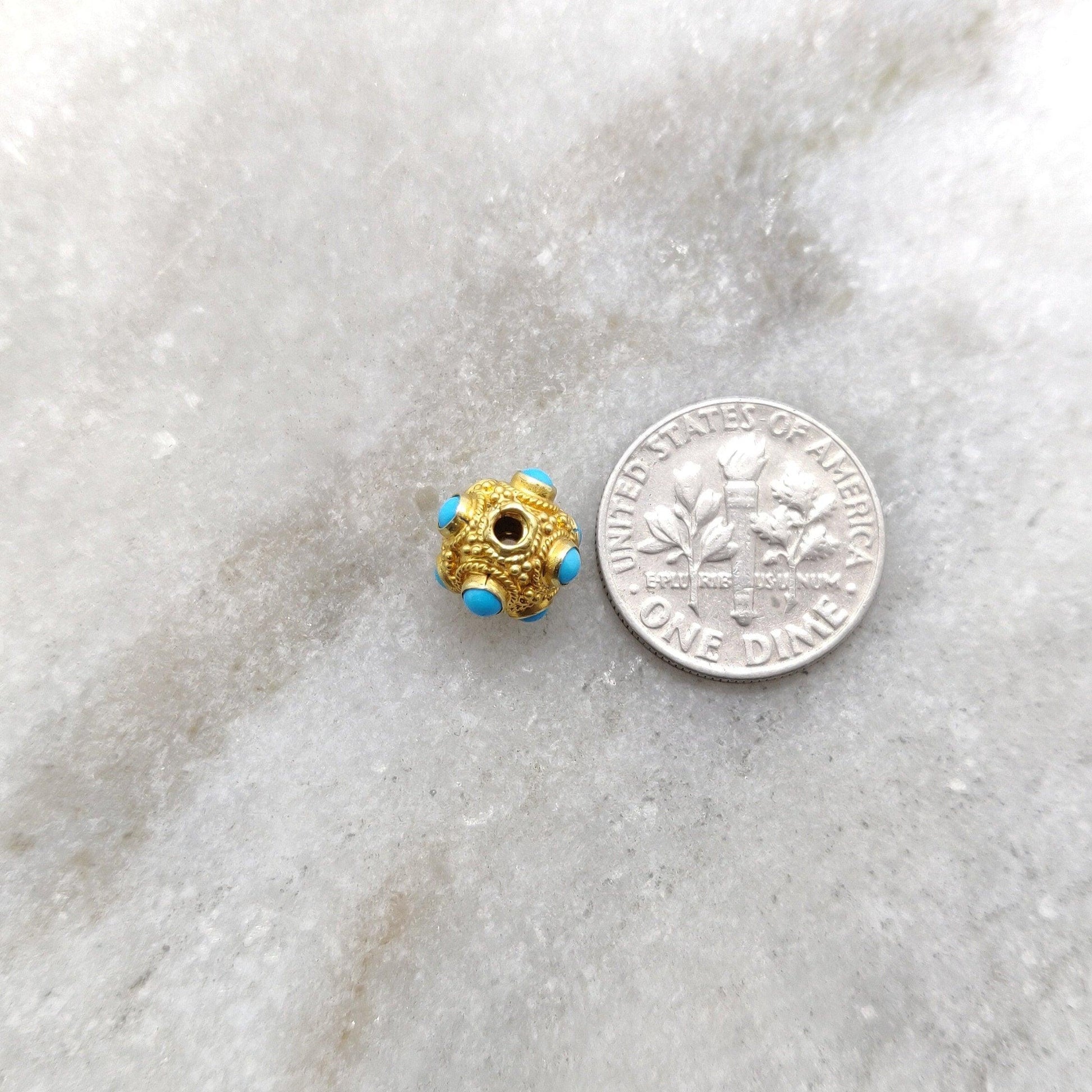 18k Solid Yellow Gold Turquoise Ball Spacer Beads 8mm - Kanika Creations