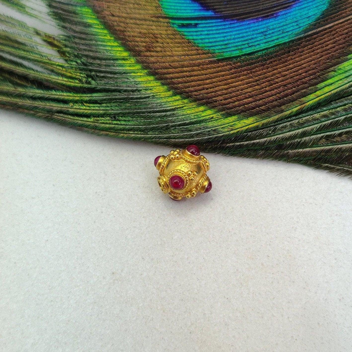 18k Solid Gold Round Spacer Beads studded Ruby, 9x8mm - Kanika Creations