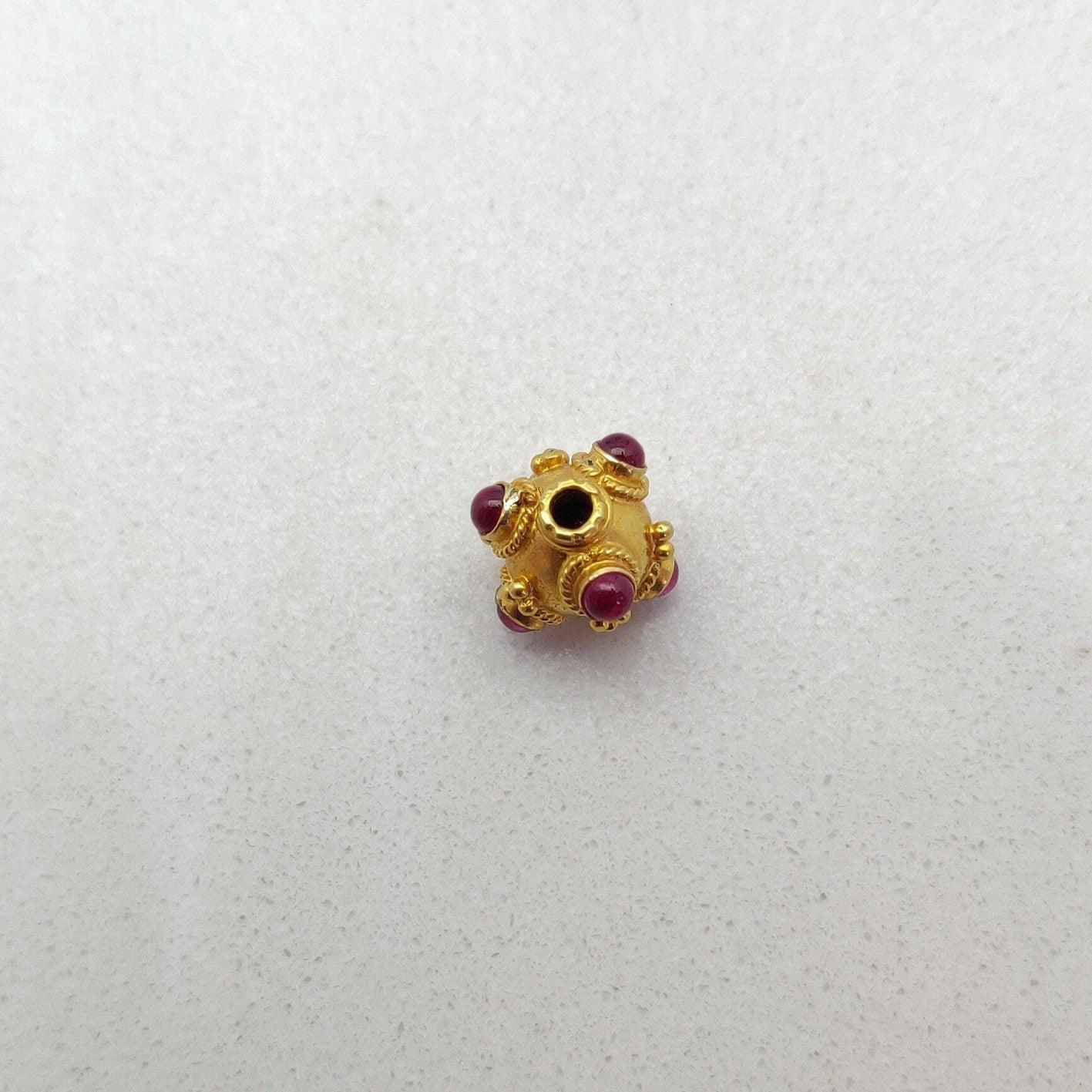 18k Solid Gold Round Spacer Beads studded Ruby, 9x8mm - Kanika Creations