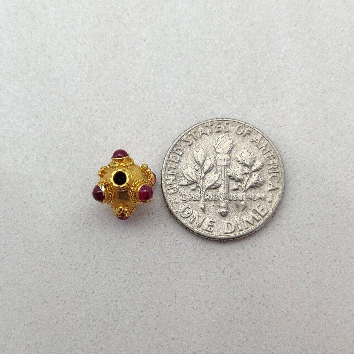 18k Solid Gold Round Spacer Beads studded Ruby, 9x8mm - Kanika Creations