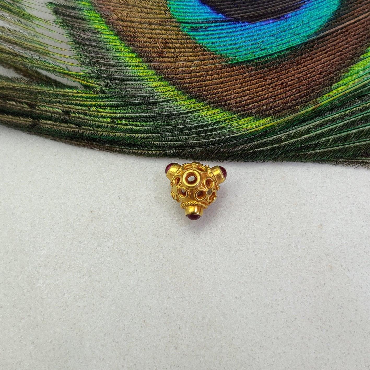 18k Solid Yellow Gold Stone Studded fancy Beads 9mm DIY Crafts - Kanika Creations