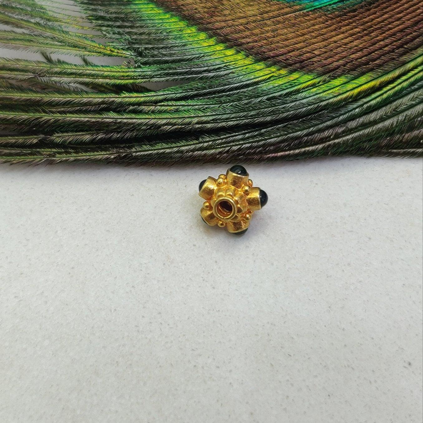 18k Solid Yellow Gold Stone Studded Wheel Spacer Beads 7mm - Kanika Creations