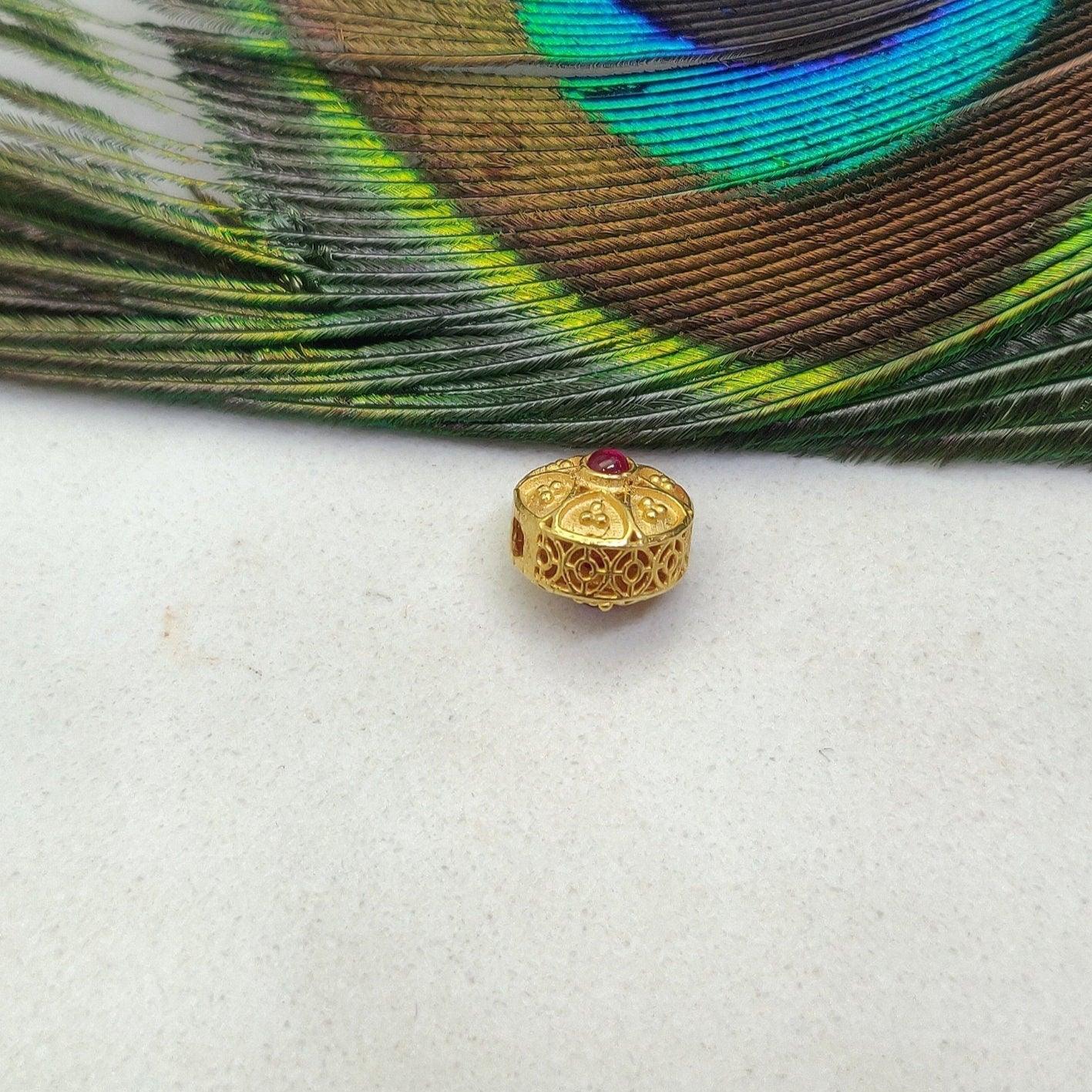 18k Solid Gold Fancy Rondelle DIY Beads With Red Stones 9X8MM - Kanika Creations