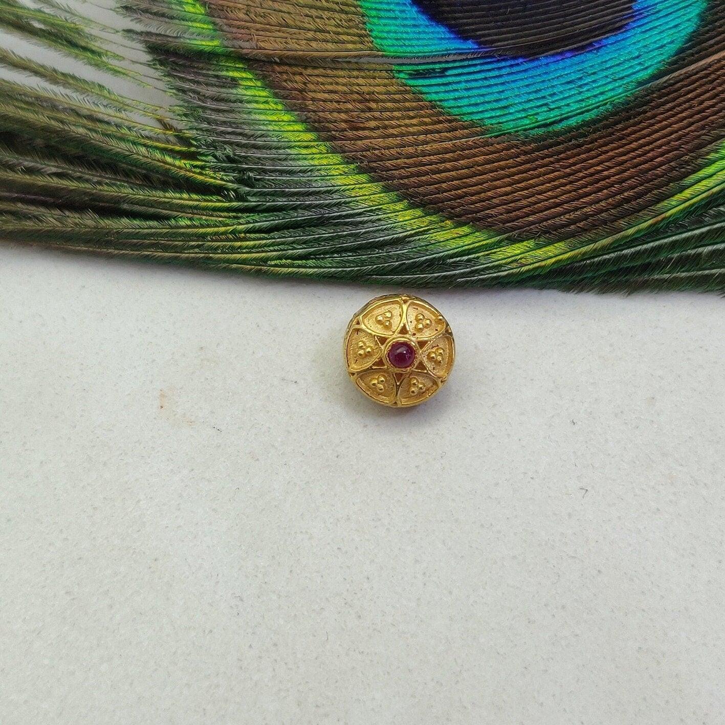 18k Solid Gold Fancy Rondelle DIY Beads With Red Stones 9X8MM - Kanika Creations