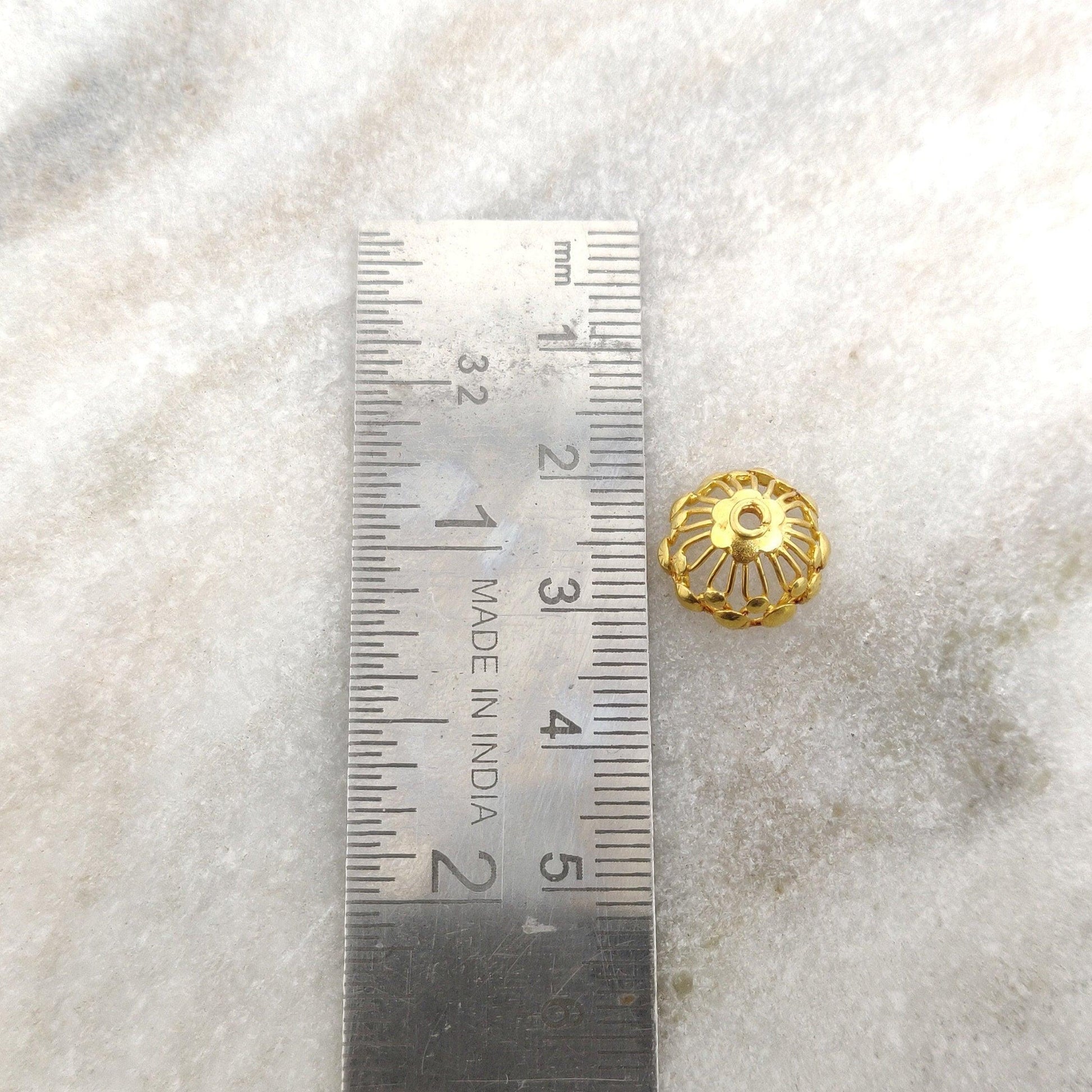 18k Solid Yellow gold Flower Bead Caps 8x12mm - Kanika Creations
