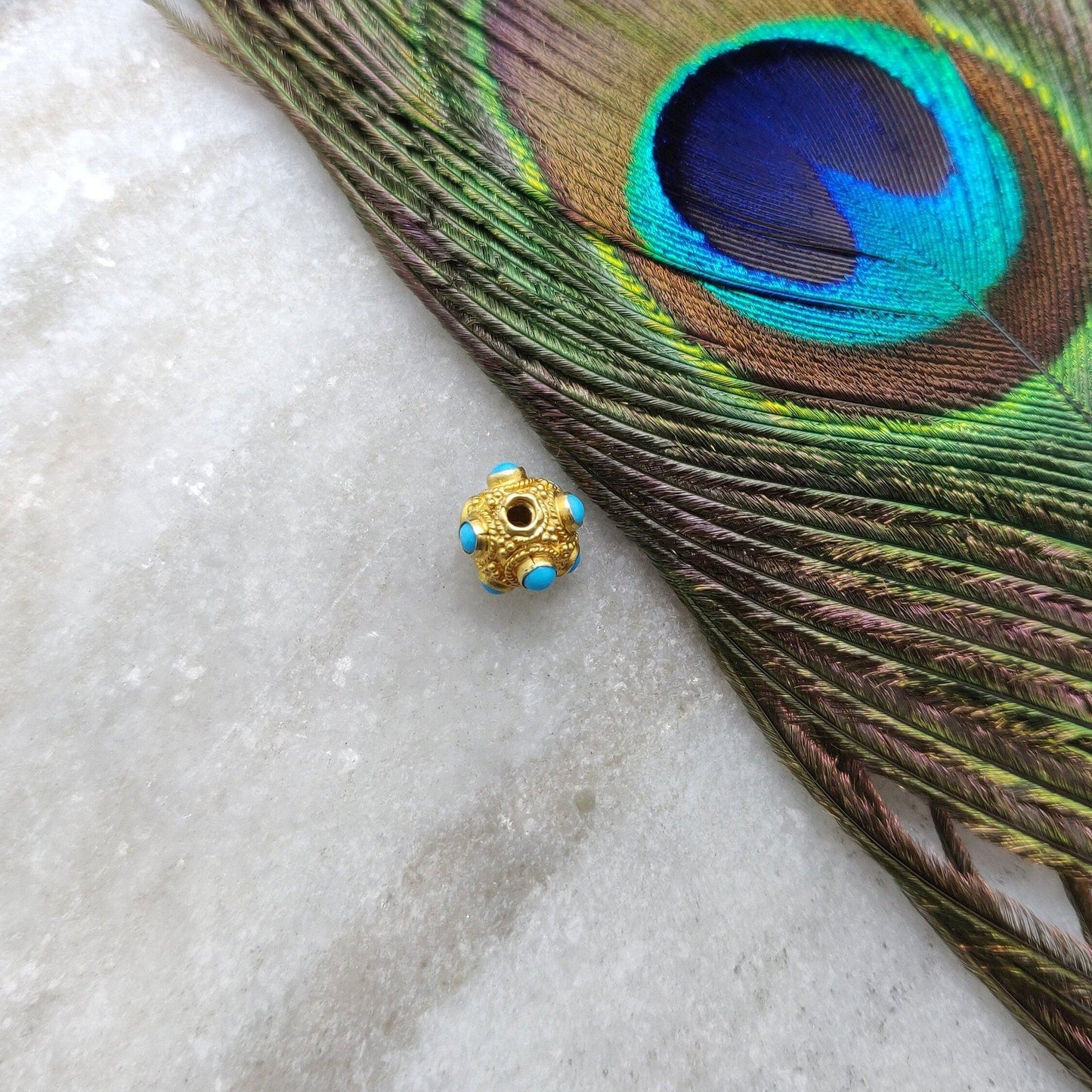 18k Solid Yellow Gold Turquoise Ball Spacer Beads 8mm - Kanika Creations